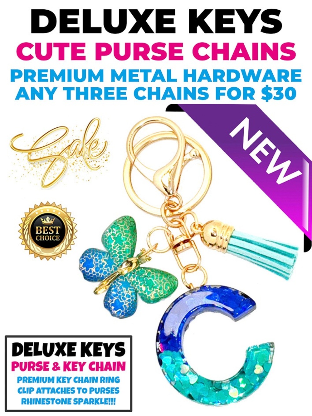 DeLuxe Keys Rhinestone Keychain/Purse Chain GLITTERY LETTER C